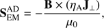 Mathematical equation: $ \begin{aligned} \mathbf{S }_{\mathrm{EM}}^{\mathrm{AD}} =-\frac{\mathbf{B } \times (\eta _{\mathrm{A}}\mathbf{J }_{\perp })}{{\mu }_0}, \end{aligned} $