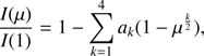 Mathematical equation: $ \begin{aligned} \frac{I(\mu )}{ I(1)} = 1 - \sum _{k=1}^{4} {a_k} (1 - \mu ^{\frac{k}{2}}), \end{aligned} $