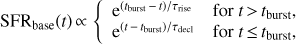 Mathematical equation: $$ \begin{aligned} \mathrm{SFR}_\mathrm{base}(t)\,{\propto }\,\left\{ \begin{array}{ll} \mathrm{e}^{(t_\mathrm{burst}\,{-}\,t)/\tau _\mathrm{rise}}&\text{ for} t\,{>}\,t_\mathrm{burst}, \\ \mathrm{e}^{(t\,{-}\,t_\mathrm{burst})/\tau _\mathrm{decl}}&\text{ for} t\,{\le }\,t_\mathrm{burst}, \end{array} \right. \end{aligned} $$