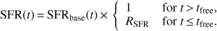 Mathematical equation: $$ \begin{aligned} \mathrm{SFR}(t)\,{=}\,\mathrm{SFR}_\mathrm{base}(t)\,{\times }\, \left\{ \begin{array}{ll} 1&\text{ for} t\,{>}\,t_\mathrm{free}, \\ R_\mathrm{SFR}&\text{ for} t\,{\le }\,t_\mathrm{free}. \end{array} \right. \end{aligned} $$