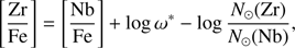 Mathematical equation: $ \begin{aligned} \left[\frac{{\mathrm{Zr}}}{{\mathrm{Fe}}}\right] = \left[\frac{{\mathrm{Nb}}}{{\mathrm{Fe}}}\right] + \log \omega ^{*} - \log \frac{N_{\odot }(\mathrm{Zr})}{N_{\odot }(\mathrm{Nb})}, \end{aligned} $