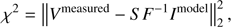 Mathematical equation: $ \begin{aligned} \chi ^{2}=\left\Vert{V}^\mathrm{measured}-SF^{-1}I^\mathrm{model} \right\Vert_{2}^{2}, \end{aligned} $
