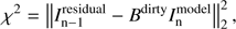 Mathematical equation: $ \begin{aligned} \chi ^2=\left\Vert I_\mathrm{n-1}^\mathrm{residual}-B^\mathrm{dirty}I_\mathrm{n}^\mathrm{model}\right\Vert_{2}^{2}, \end{aligned} $