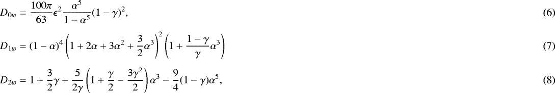 Mathematical equation: \begin{align}&D_{0w}= {100\pi \over 63} \epsilon^2 {\alpha^5 \over 1-\alpha^5} ( 1- \gamma)^2,\\[4pt] &D_{1w}=(1-\alpha)^4 \left(1+2\alpha+3\alpha^2+{3 \over 2}\alpha^3\right)^2 \left(1+{1-\gamma \over \gamma} \alpha^3\right)\\[4pt] &D_{2w}=1+{3\over 2}\gamma +{5 \over 2\gamma}\left(1+{\gamma \over 2}-{3\gamma^2 \over 2}\right) \alpha^3-{9\over 4}(1-\gamma)\alpha^5,\end{align}