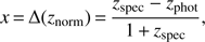 Mathematical equation: $$ x=\mathrm\Delta{(z_\text{norm})}=\frac{z_\text{spec}-z_\text{phot}}{1+z_\text{spec}}, $$