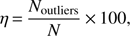 Mathematical equation: $$ \eta=\frac{N_\text{outliers}}N\times100, $$