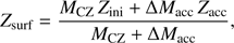 Mathematical equation: $$ Z_\text{surf}=\frac{M_\text{CZ}Z_\text{ini}+\mathrm\Delta M_\text{acc}Z_\text{acc}}{M_\text{CZ}+\mathrm\Delta M_\text{acc}}, $$
