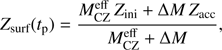 Mathematical equation: $$ Z_\text{surf}{(t_\text{p})}=\frac{M_\text{CZ}^\text{eff}Z_\text{ini}+\mathrm\Delta MZ_\text{acc}}{M_\text{CZ}^\text{eff}+\mathrm\Delta M}, $$