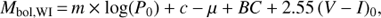 Mathematical equation: ${M_{{\rm{bol}},{\rm{WI}}}}{\mkern 1mu} = {\mkern 1mu} m \times {\rm{log}}\left( {{P_0}} \right) + c - \mu + BC + 2.55{\left( {V - I} \right)_0},$