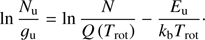 Mathematical equation: $$ \begin{aligned} \ln \frac{N_{\mathrm{u} }}{g_{\mathrm{u} }} = \ln \frac{N}{Q\left(T_{\mathrm{rot} }\right)} - \frac{E_{\mathrm{u} }}{k_{\mathrm{b} }T_{\mathrm{rot} }}\cdot \end{aligned} $$