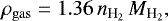 Mathematical equation: \begin{equation*}\rho_{\rm{gas}} = 1.36 \, n_{\textrm{H}_2} \, M_{\textrm{H}_2}, \end{equation*}