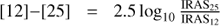 Mathematical equation: $ [12]{-}[25]=2.5\log_{10}\frac{\mathrm{IRAS}_{25}}{\mathrm{IRAS}_{12}} $