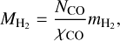 Mathematical equation: $$ \begin{aligned} M_\mathrm{H_2}=\frac{N_\mathrm{CO}}{\chi _\mathrm{CO}} m_\mathrm{H_2}, \end{aligned} $$