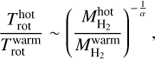 Mathematical equation: $$ \begin{aligned} \frac{T_\mathrm{rot}^\mathrm{hot}}{T_\mathrm{rot}^\mathrm{warm}} \sim \left(\frac{M_\mathrm{H_{2}}^\mathrm{hot}}{M_\mathrm{H_{2}}^\mathrm{warm}}\right)^{-\frac{1}{\alpha }}, \end{aligned} $$