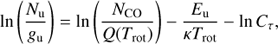 Mathematical equation: $$ \begin{aligned} \ln \left(\frac{N_\mathrm{u}}{{ g}_\mathrm{u}}\right)=\ln \left(\frac{N_\mathrm{CO}}{Q(T_\mathrm{rot})}\right)-\frac{E_\mathrm{u}}{\kappa T_\mathrm{rot}}-\ln C_{\tau }, \end{aligned} $$