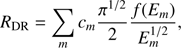 Mathematical equation: $$ \begin{aligned} R_{\mathrm{DR} }=\sum _m c_m \frac{\pi ^{1/2}}{2} {\frac{f({ E}_m) }{{ E}_m^{1/2}}}, \end{aligned} $$