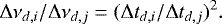Mathematical equation: \begin{equation*} {\mathrm \Delta} \nu_{d,i}/{\mathrm \Delta} \nu_{d,j}=({\mathrm \Delta} t_{d,i}/{\mathrm \Delta} t_{d,j})^2. \end{equation*}