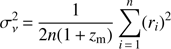 Mathematical equation: $ \begin{aligned} \sigma _\nu ^2\,{=}\,\frac{1}{2n(1\,{+}\,z_\mathrm{m})}\sum \limits _{i\,{=}\,1}^{n}(r_i)^2 \end{aligned} $