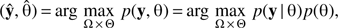 Mathematical equation: $ \begin{aligned} (\hat{\mathbf{y}},\hat{\uptheta })\,{=}\,\mathrm{arg}\,\max _{\Omega \,{\times }\,{{\Theta }}}\, p(\mathbf{y},{{\uptheta }})\,{=}\,\mathrm{arg}\,\max _{\Omega \,{\times }\,\Theta }\, p(\mathbf{y}\,|\,\uptheta ) p({{\uptheta }}), \end{aligned} $