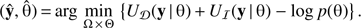 Mathematical equation: $ \begin{aligned} (\hat{\mathbf{y}},\hat{\uptheta })\,{=}\,\mathrm{arg}\,\min _{\Omega \,{\times }\,\Theta }\, \left\{ U_\mathcal D (\mathbf{y}\,|\,\uptheta )\,{+}\,U_\mathcal I (\mathbf{y}\,|\,\uptheta ) - \mathrm{log}\,p(\uptheta ) \right\} . \end{aligned} $