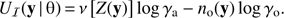 Mathematical equation: $ \begin{aligned} U_\mathcal I (\mathbf{y}\,|\,\uptheta )\,{=}\,\nu \left[Z(\mathbf{y})\right]\log \gamma _\mathrm{a} - n_\mathrm{o}(\mathbf{y})\log \gamma _\mathrm{o}. \end{aligned} $