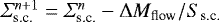Mathematical equation: $\Sigma_{\textrm{s.c.}}^{n+1}=\Sigma_{\textrm{s.c.}}^n - \mathrm{\Delta} M_{\textrm{flow}}/S_{\textrm{s.c.}}$
