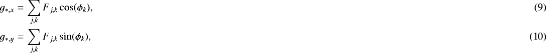 Mathematical equation: \begin{eqnarray}g_{\ast,x} &=& \sum_{j,k} {F}_{j,k} \cos(\phi_{k}), \\ g_{\ast,y} &=& \sum_{j,k} {F}_{j,k} \sin(\phi_{k}), \end{eqnarray}
