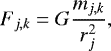 Mathematical equation: \begin{equation*} {F}_{j,k}= G {m_{j,k} \over r_j^2 },\end{equation*}