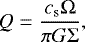 Mathematical equation: \begin{equation*} Q={c_{\mathrm{s}}\mathrm{\Omega} \over \pi G\mathrm{\Sigma}}, \end{equation*}