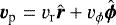Mathematical equation: $\bm{v}_{\textrm{p}}=v_{\mathrm{r}}\hat{\bm{r}}+v_{\mathrm{\phi}}\hat{\bm{\phi}}$