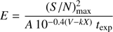 Mathematical equation: $ \begin{aligned} E = \frac{({S/N})_\mathrm{max}^2}{A \nonumber \, 10^{-0.4(V-kX)}\ t_\mathrm{exp}} \end{aligned} $