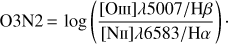 Mathematical equation: $$ \text{O3N2}=\log{(\frac{\lbrack\text{OIII}\rbrack\lambda5007/\mathrm H\beta}{\lbrack\text{NII}\rbrack\lambda6583/\mathrm H\alpha})}. $$