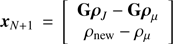 Mathematical equation: $$ \begin{aligned} {\boldsymbol{x}}_{ N +1}\,&=\, \left[ \begin{array}{c} \mathbf{G }{\boldsymbol{\rho }}_{ J }- \mathbf{G }\boldsymbol{\rho }_{\mu }\\ \rho _{\mathrm{new} }- {\rho }_{\mu } \end{array} \right] \end{aligned} $$