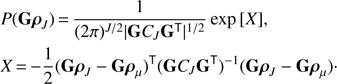 Mathematical equation: $$ \begin{aligned}&P(\mathbf{G }{\boldsymbol{\rho }}_{ J })\,{=}\,\frac{1}{(2\pi )^{J/2}|\mathbf{G }{ C }_{ J }\mathbf{G }^\mathsf T |^{1/2}} \exp {\left[X \right]},\nonumber \\&X \,{=}\,{-}\frac{1}{2} (\mathbf{G }{\boldsymbol{\rho }}_{ J }- \mathbf{G }\boldsymbol{\rho }_{\mu })^\mathsf T (\mathbf{G }{ C }_{ J }\mathbf{G }^\mathsf T )^{-1}(\mathbf{G }{\boldsymbol{\rho }}_{ J }-\mathbf{G }\boldsymbol{\rho }_{\mu })\cdot \end{aligned} $$