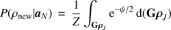 Mathematical equation: $$ \begin{aligned} P(\rho _{\mathrm{new} }| {\boldsymbol{a}}_{N}) \,=\, \frac{1}{Z} \int _{\mathbf{G }{\boldsymbol{\rho }}_{ J }} \mathrm{e}^{-\psi /2} \, \mathrm{d}(\mathbf{G }{\boldsymbol{\rho }}_{ J }) \end{aligned} $$