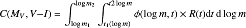 Mathematical equation: $ \begin{equation} C (M_{V}, V{-}I)= \int_{\log m_{1}}^{\log m_{2}} \int_{t_{1}(\log m)} ^{t2 \log m} \phi (\log m,t) \times R(t) {\rm d}t\, {\rm d}\log m \end{equation} $