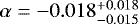 Mathematical equation: $\alpha=-0.018^{+0.018}_{-0.015}$