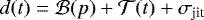 Mathematical equation: $d(t) = \mathcal{B}(p) + \mathcal{T}(t) + \sigma_{\textrm{jit}}$