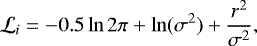 Mathematical equation: \begin{equation*} \mathcal{L}_i = -0.5 \ln{2\pi} + \ln(\sigma^2)+\frac{r^2}{\sigma^2}, \end{equation*}