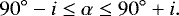 Mathematical equation: \begin{equation*} 90^{\circ} - i \leq \alpha \leq 90^{\circ} + i. \end{equation*}