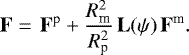 Mathematical equation: \begin{equation*} \mathbf{F} = \hspace*{0.05cm} \mathbf{F}^{\textrm{p}} + \frac{R^2_{\textrm{m}}}{R^2_{\textrm{p}}} \hspace*{0.05cm} \mathbf{L} (\psi) \hspace*{0.05cm} \mathbf{F}^{\textrm{m}}.\end{equation*}