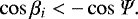 Mathematical equation: \begin{equation*} \cos{\beta_i} < -\cos{\Psi}.\end{equation*}