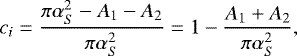 Mathematical equation: \begin{equation*} c_i = \dfrac{\pi\alpha_S^2-A_1-A_2}{\pi\alpha_S^2} = 1- \dfrac{A_1+A_2}{\pi\alpha_S^2},\end{equation*}