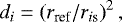 Mathematical equation: \begin{equation*} d_i = \left( r_{\textrm{ref}} / r_{i\textrm{s}} \right)^2, \end{equation*}