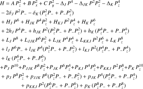 Mathematical equation: $ \begin{aligned} H =&A\,P_z^2+B\,P_x^2+C\,P_y^2-\Delta _J\,P^4-\Delta _{JK}\,P^2P_z^2-\Delta _K\,P_z^4\nonumber \\&-2\delta _J\,P^2P_--\delta _K\,(P_z^2P_-+P_-P_z^2)\nonumber \\&+H_J\,P^6+H_{JK}\,P^4P_z^2+H_{KJ}\,P^2P_z^4+H_K\,P_z^6\nonumber \\&+2h_J\,P^4P_-+h_{JK}\,P^2(P_z^2P_-+P_-P_z^2)+h_K\,(P_z ^4P_-+P_-P_z^4)\nonumber \\&+L_J\,P^8+L_{JJK}P^6P_z ^2+L_{JK}\,P^4P_z^4+L_{KKJ}\,P^2P_z^6+L_K\,P_z^8\nonumber \\&+l_J\,P^6P_-+l_{JK}\,P^4(P_z^2P_-+P_-P_z^2)+l_{KJ}\,P^2(P_z^4P_-+P_-P_z^4)\nonumber \\&+l_K\,(P_z^6P_-+P_-P_z^6)\nonumber \\&+P_J\,P^{10}+P_{JJK}\,P^8P_z^2+P_{JK}\,P^6P_z^4+P_{KJ}\,P^4P_z^6+P_{KKJ}\,P^2P_z^8+P_K\,P_z^{10}\nonumber \\&+p_J\,P ^8P_z^2+p_{JJK}\,P^6(P_z^2P_-+P_-P_z^2)+p_{JK}\,P^4(P_z^4P_-+P_-P_z^4)\nonumber \\&+p_{KKJ}\,P^2(P_z^6P_-+P_-P_z^6)+p_{K}\,(P_z^8P_-+P_-P_z^8) \end{aligned} $