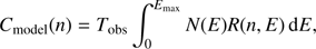 Mathematical equation: $${C_{{\rm{model}}}}\left( n \right) = {T_{{\rm{obs}}}}\int_0^{{E_{{\rm{max}}}}} N \left( E \right)R\left( {n,E} \right){\mkern 1mu} {\rm{d}}E,$$