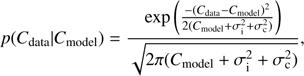 Mathematical equation: $$p\left( {{C_{{\rm{data}}}}|{C_{{\rm{model}}}}} \right) = {{{\rm{exp}}\left( {{{ - {{\left( {{C_{{\rm{data}}}} - {C_{{\rm{model}}}}} \right)}^2}} \over {2\left( {{C_{{\rm{model}}}} + \sigma _{\rm{i}}^2 + \sigma _{\rm{c}}^2} \right)}}} \right)} \over {\sqrt {2\pi \left( {{C_{{\rm{model}}}} + \sigma _{\rm{i}}^2 + \sigma _{\rm{c}}^2} \right)} }},$$