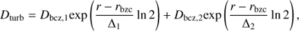 Mathematical equation: ${D_{{\rm{turb}}}} = {D_{{\rm{bcz}},{\rm{1}}}}{\rm{exp}}\left( {{{r - {r_{{\rm{bzc}}}}} \over {{\Delta _1}}}{\rm{ln}}2} \right) + {D_{{\rm{bcz}},{\rm{2}}}}{\rm{exp}}\left( {{{r - {r_{{\rm{bzc}}}}} \over {{\Delta _2}}}{\rm{ln}}2} \right),$