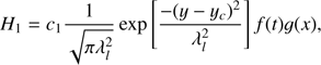 Mathematical equation: $$ \begin{aligned} {H_{1}} = {c_{1}} \frac{1}{\sqrt{\pi \lambda _l^2}} \exp \left[\frac{-{(y-{y_{c}})^2}}{\lambda _l^2}\right] f(t) g(x), \end{aligned} $$