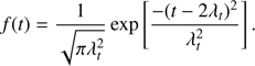 Mathematical equation: $$ \begin{aligned} f(t) = \frac{1}{\sqrt{\pi \lambda _t^2}} \exp \left[\frac{-{(t-2 {\lambda _{t}})^2}}{{\lambda _{t}^{2}}}\right]. \end{aligned} $$